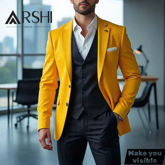 Yellow Blazer Yellow Coat Pant Combination Men's Yellow Blazer With Black  Vest Pants Piece Slim Fit Suit For Wedding, Prom, Party And Formal Wear