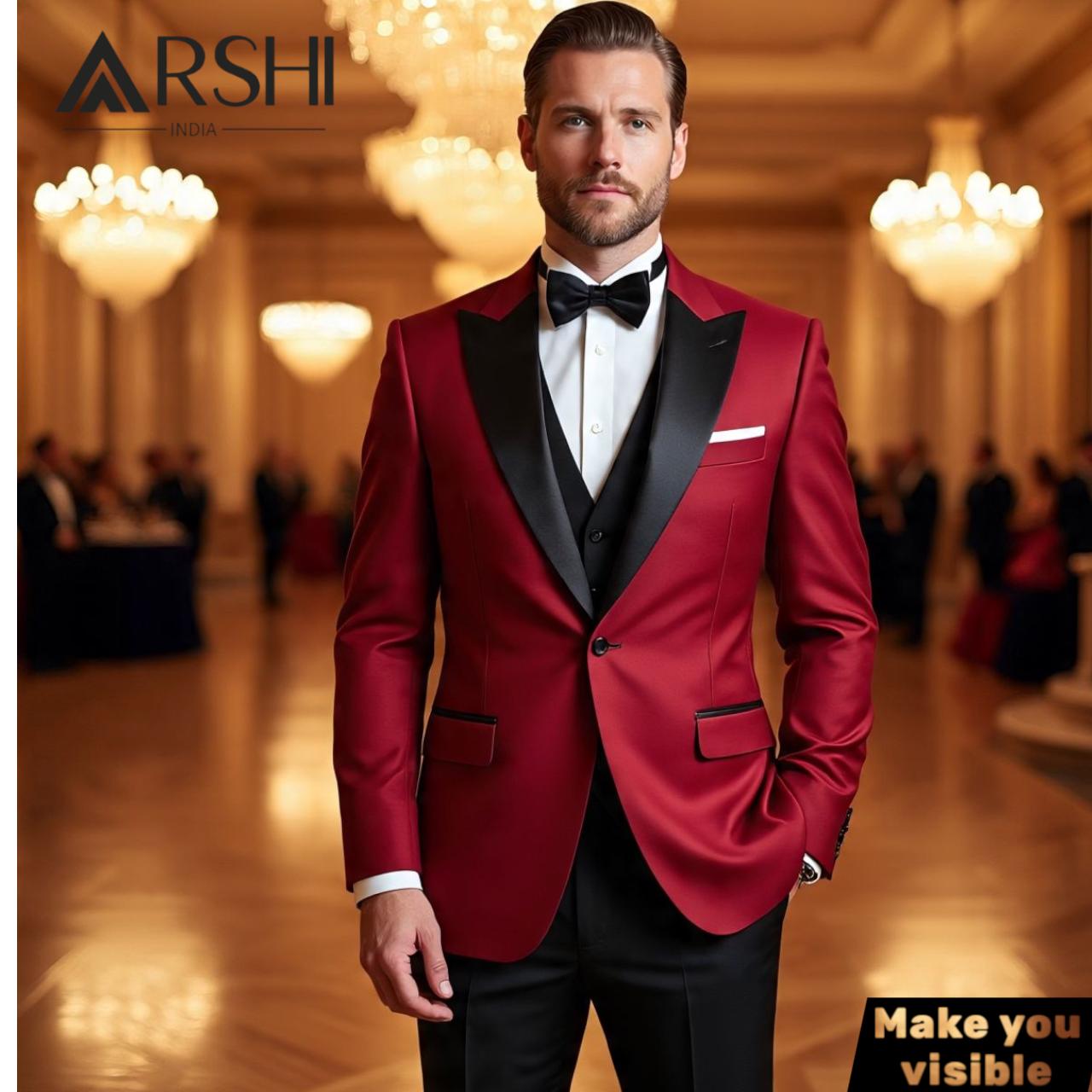 Men's Red Tuxedo Blazer With Black Lapel – Slim Fit 3 Piece Suit