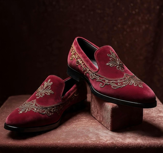 Men’s Burgundy Velvet Loafers with Gold Embroidery – Luxury Slip-On Wedding & Party Shoes