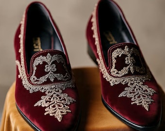 mens burgundy velvet dress shoes Mens Burgundy Velvet Slip On Dress Loafers w/ Braided Detail After Midnight  6753