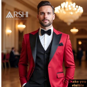 Men’s Red Tuxedo Blazer with Black Lapel – Slim Fit 3 Piece Suit Jacket, Wedding, Prom & Party Wear Groom Tux