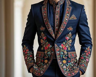 Men Jodhpuri Embroidery Suit | Navy Blue Indo Western Groom Outfit | Indian Wedding Reception Wear | Royal Handcrafted Embroidered Suit