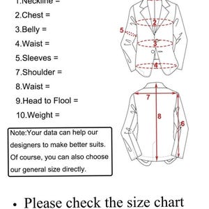 May include: Diagram illustrating how to measure a standard suit, with numbered labels for neckline, chest, belly, waist, sleeves, shoulder, head to floor, and weight. Includes a note about using data for better suits.