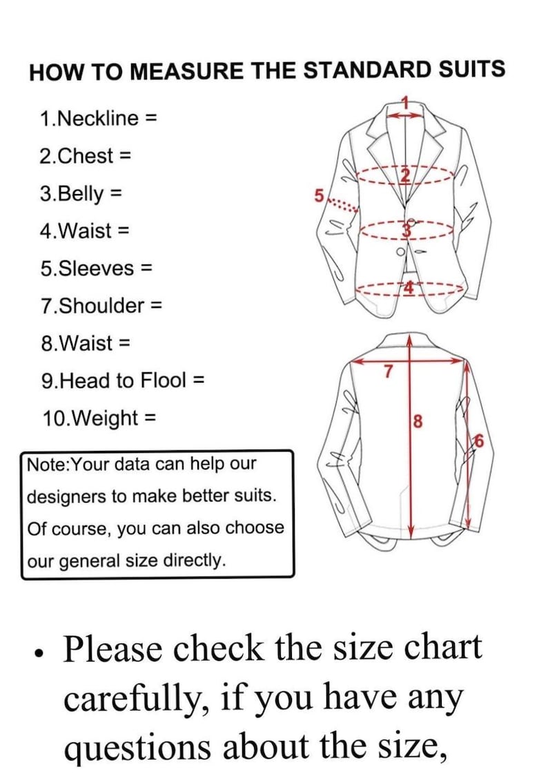 May include: Diagram illustrating how to measure a standard suit, with numbered labels for neckline, chest, belly, waist, sleeves, shoulder, head to floor, and weight. Includes a note about using data for better suits.