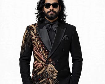 Esmoquin de lujo para hombre con bordado de león, blazer negro de doble botonadura con bordado dorado, traje de novio para boda, chaqueta para cena de graduación.