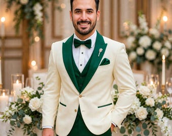Cream and Emerald Green Tuxedo for Men, 3 Piece Groom Wedding Suit, Green Lapel Dinner Jacket, Prom Suit, Custom Tailored Formal Suit