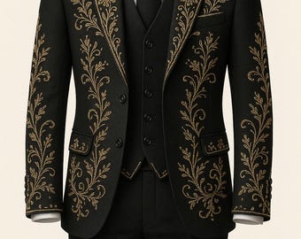 Black Embroidered 3-Piece Suit for Men | Katdana Work Formal Suit | Wedding, Reception, Party Wear Designer Suit | Arshi Studio&quot;