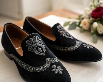 Men Black Velvet Loafers With Embroidery – Luxury Slip-On Wedding & Party Shoes