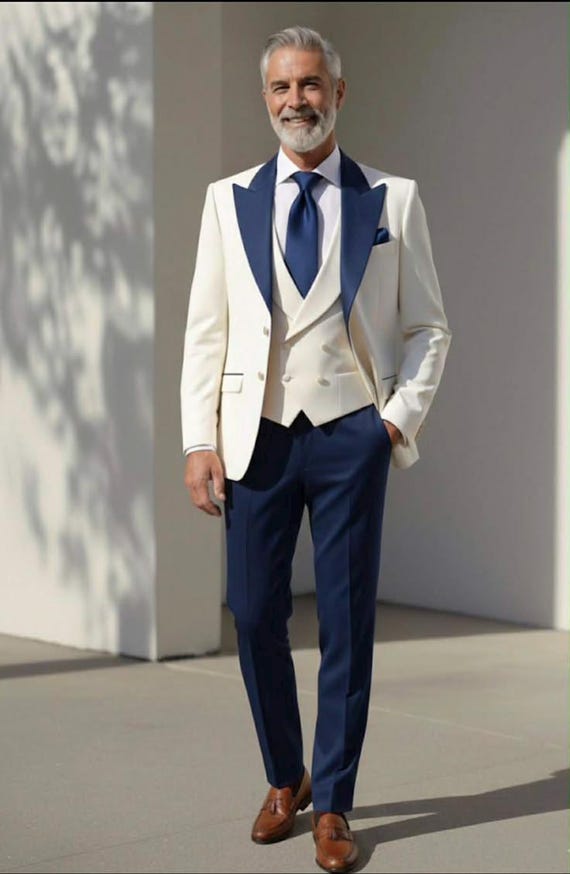 Ivory White Tuxedo Suit for Men, Navy Blue Lapel 3 Piece Suit, Wedding Groom Suit, Slim Fit Formal Tux, Luxury Mens Suit, Custom Made