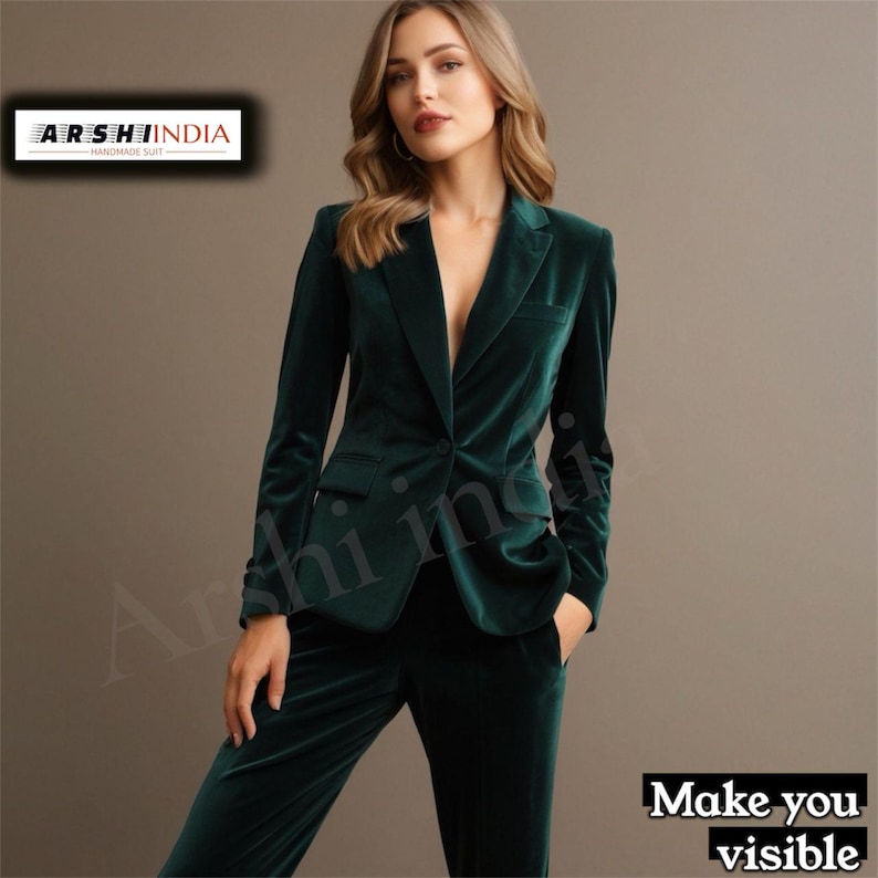 Dark Green Velvet Suit Women, Tailored Blazer and Pants Set, Custom Formal Pantsuit, Winter Wedding Party Outfit image 6