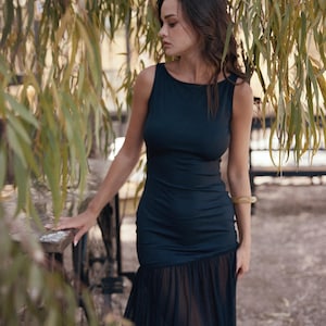 Black Summer dress, Boat Neck Maxi with Sheer Pleated Mesh Skirt Elegant Evening Dress, Minimalist Formal Wear. Designer dress Limited stock