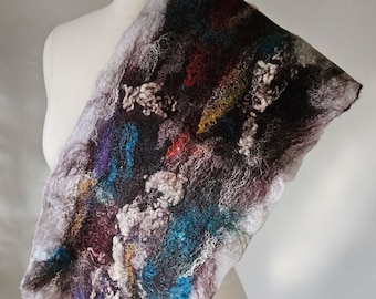 Hand Felted Extra Soft Natural Merino Wool Silk Embellished Scarf, Shawl, Wearable Art, Neck Warmer, Fashion Accessory Gift for Her Woman's