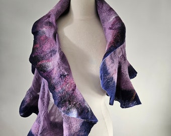 Natural Merino Wool Hand Felted Extra Soft Silk Embellished Shawl Wearable Art Silk Scarf Fashion Accessory Handmade Gift for Woman Purple