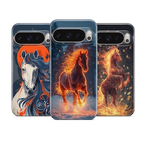 May include: Three phone cases with horse designs. The first case features a white horse with a blue mane against a dark background and an orange moon. The second case shows a fiery horse running through a snowy landscape. The third case depicts a horse rearing up in flames.
