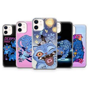 May include: A collection of phone cases featuring cartoon tiger designs. The cases display a variety of vibrant colors, including blue, pink, and black. Some cases have the text "DERPY TIGER". The tiger illustrations have a whimsical and playful style.