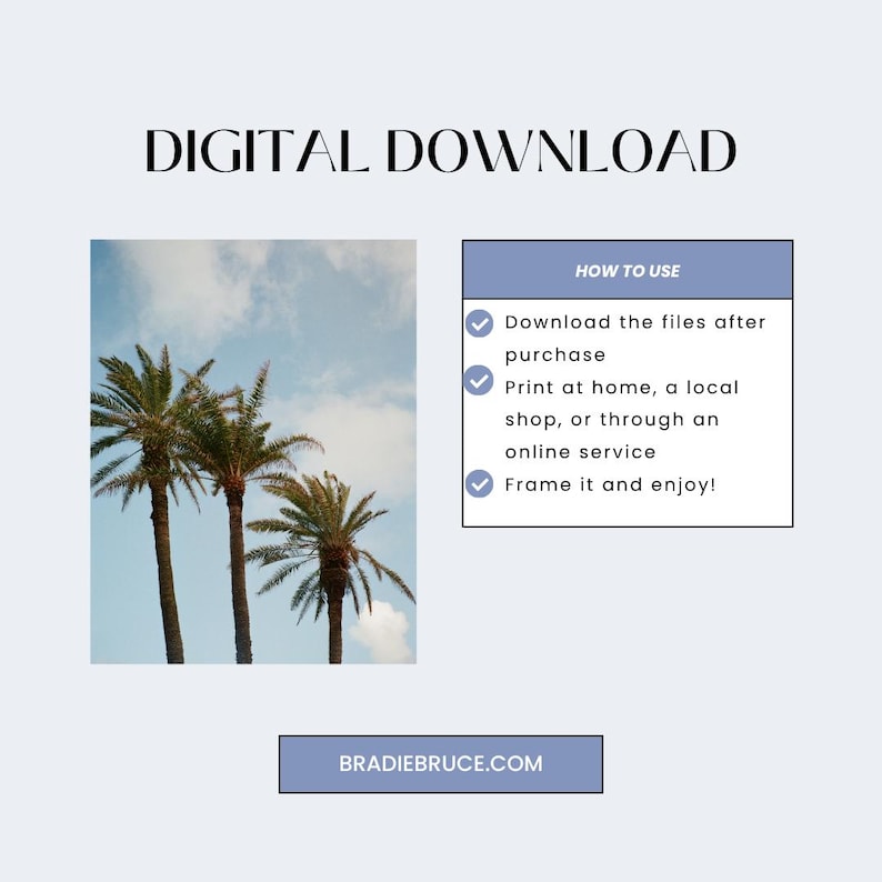 Puede incluir: Impresi&oacute;n art&iacute;stica de descarga digital con tres palmeras sobre un cielo azul. Se incluyen instrucciones sobre c&oacute;mo utilizar la descarga digital. Tambi&eacute;n se muestra la direcci&oacute;n del sitio web.