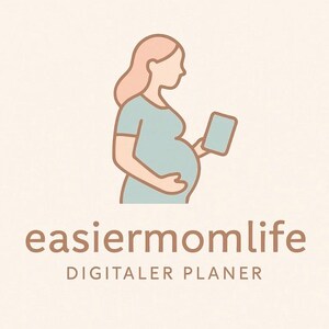 Könnte beinhalten: Ein Logo mit einer stilisierten Illustration einer schwangeren Person in hellblauen und pfirsichfarbenen Tönen, die ein Tablet hält. Unter der Illustration steht der Text easiermomlife in Braun, gefolgt von DIGITALER PLANER in kleinerer Schrift.