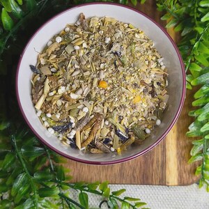 May include: A white bowl with a burgundy rim, filled with a mix of seeds, grains, and dried herbs. The mixture contains various colours and textures, with visible seeds, small grains, and dried plant matter. The bowl is on a wooden surface, surrounded by green foliage.