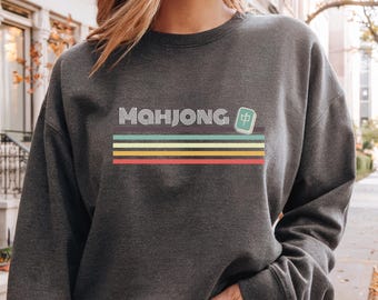 Retro Mahjong Sweatshirt, Vintage Streifen, Unisex Rundhalsausschnitt