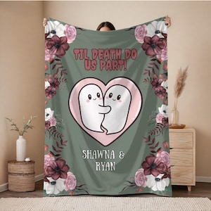 Ghost Couple &#39;Till Death Do Us Part&#39; | Personalized Wedding Blanket Spooky Halloween Tapestry Woven Ghost Gifts His & Hers Anniversary Gifts