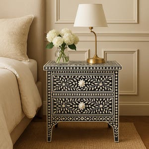 Bone Inlay Bedside Table, Bone Inlay Nightstand, Square Bone Inlay Table, Handmade Bone Inlay Furniture, Floral  Bone Inlay Bedroom Table