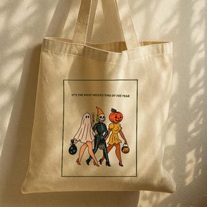Vintage Halloween Tote Bag, Retro Pinup Girl, Ghost Skeleton, Pumpkin Design Tote Bag, Halloween Gift for women