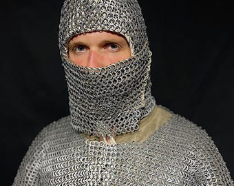 Chainmail coif with a flap fastened with hooks
