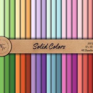 May include: A collection of 48 seamless solid color patterns in various shades, including blue, green, orange, purple, and pink. The patterns are 12 x 12 inches at 300 DPI. The words "Solid Colors" are displayed on a brown banner.