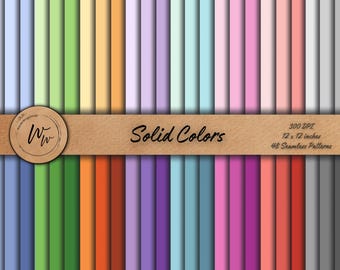 May include: A collection of 48 seamless solid color patterns in various shades, including blue, green, orange, purple, and pink. The patterns are 12 x 12 inches at 300 DPI. The words "Solid Colors" are displayed on a brown banner.