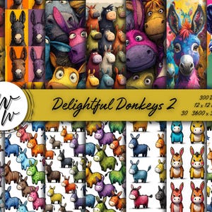 Könnte beinhalten: Eine Sammlung farbenfroher Eselillustrationen in verschiedenen Stilen. Das Bild zeigt eine Vielzahl von Eseldesigns, darunter Cartoon- und künstlerische Darstellungen, mit leuchtenden Farben und Mustern. Der Text "Delightful Donkeys 2" wird angezeigt.
