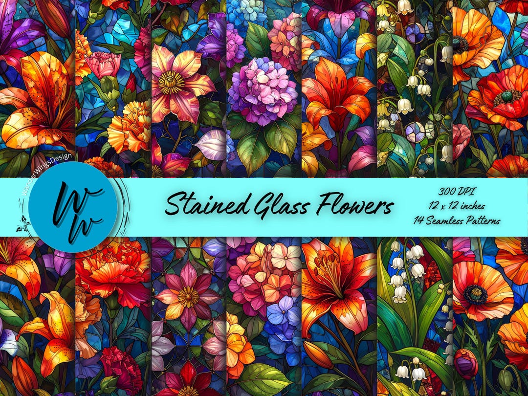 Stained Glass Floral Digital Paper | Seamless Flower Pattern 12x12 ...