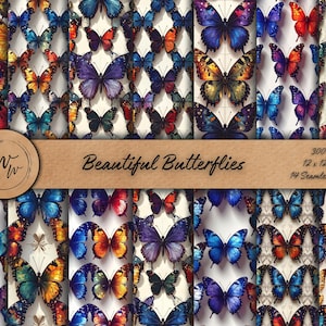 Puede incluir: Una impresión de arte digital que presenta una colección de mariposas coloridas en varios patrones. Las mariposas son en tonos de azul, morado, naranja y rojo. El texto "Beautiful Butterflies" se muestra en una pancarta, junto con otros detalles.