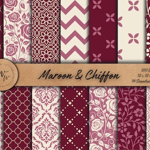 May include: A collection of 14 seamless patterns in maroon and chiffon. The patterns include floral, geometric, and chevron designs. The image includes the text "Maroon & Chiffon" and "12 x 12 inches".