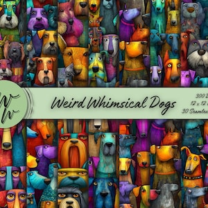 Puede incluir: Un collage digital de numerosos perros estilizados en colores vibrantes que incluyen azul, amarillo, morado y naranja. La imagen presenta una franja central de color verde claro con el texto Weird Whimsical Dogs, 300 DPI, 30,48 x 30,48 cm, 30 patrones sin costuras.