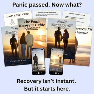 Może przedstawiać: Zestaw materiałów do samopomocy w zakresie wychodzenia z paniki, w tym przewodniki, arkusze ćwiczeń i programy audio. Obraz przedstawia książki, karty i smartfony z tekstem: "Panic passed. Now what?" i "Recovery isn't instant. But it starts here."
