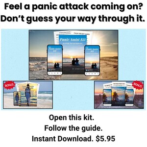 Może przedstawiać: Reklama "Panic Assist Kit" z tekstem "Feel a panic attack coming on? Don't guess your way through it." Obraz zawiera kartę resetowania spokoju, telefon wyświetlający zestaw oraz tekst "Open this kit. Follow the guide. Instant Download."