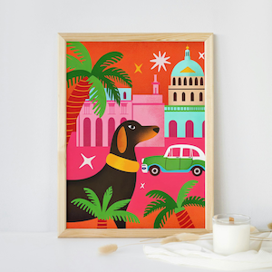 Póster descargable de Teckel – Ilustración decorativa colorida tropical - Lámina digital imprimible