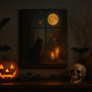 Black Cat & Moonlight Candle Window  Cozy Autumn Wall Art, Fall Cat Decor, Halloween Print, Full Moon Night Scene