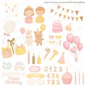 Clipart pastel d'anniversaire d'enfants, éléments de célébration de fête de faveur aquarelle, joli gâteau peint à la main, ballons, animaux, chiffres et décorations