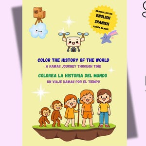 Puede incluir: Una portada de libro para colorear para niños titulada "Color the History of the World" con texto en inglés y español. La portada presenta ilustraciones de dibujos animados de un dron, una nube y niños. El fondo es amarillo claro con un fondo rosa en el lado derecho con la palabra "History".