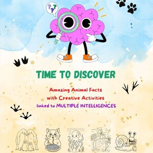 Puede incluir: Un colorido póster educativo con el texto "TIME TO DISCOVER" e ilustraciones de animales. El póster presenta un cerebro de dibujos animados con una lupa y la pregunta "WHERE BUTTERFLIES HAVE THEIR SENSE OF TASTE?"