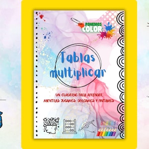 May include: A notebook with the title "Tablas multiplicar" in blue script, surrounded by a black circle. The cover has a watercolor background with colorful paint splatters and the text "PONEMOS COLOR". Includes illustrations of pencils, lightbulbs, and stick figures.