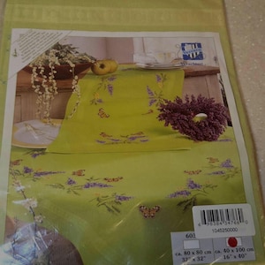 Vintage Stamped Cross Stitch Tablecloth, Lilacs & Butterflies (16x40)