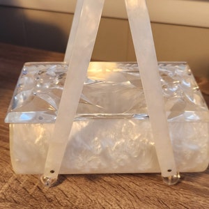 VINTAGE Original Rialto NY White Marble LUCITE Purse Clear Carved Lucite Lid