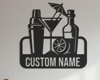 Custom Bar Wall Decor, Cocktail Metal Name Sign, Personalized Bar Art, Home Drink Station, Modern Liquor Wall, Gift For Drink Lovers