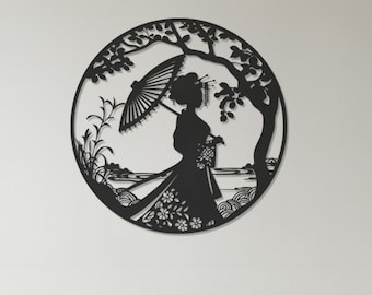 Japanese Geisha Metal Wall Art, Oriental Silhouette Inspired Wall Decor for Living Room, Bedroom, Office or Study, Cultural Asian Accent
