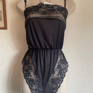 Deadstock Lingerie - Black Lace Bodysuit - 1980s Satin Teddy - High Leg Lingerie
