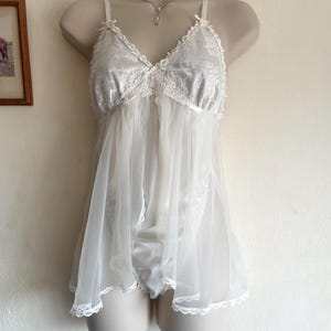 Cream Lace Bodysuit - 1990s Satin Bodysuit - Sheer Chiffon Lingerie - Honeymoon Lingerie