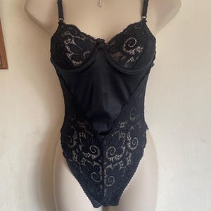 Deadstock Lingerie - Black Lace Bodysuit - 1990s Satin Bodysuit - Sheer Lace Teddy - Lace Romper