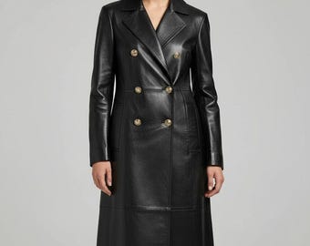 Handmade Elegant Women Black Long Leather Coat